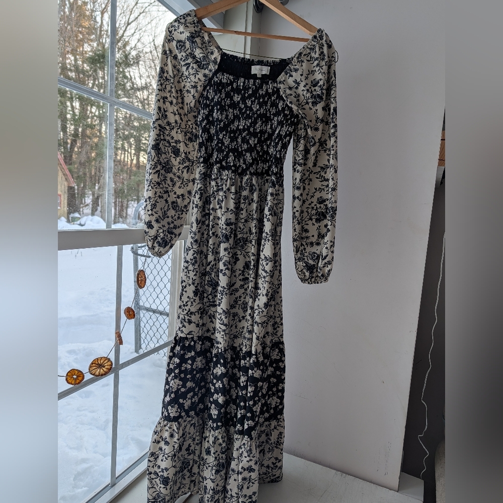 Bohme maxi Black and Cream Floral Long Sleeve Dress
